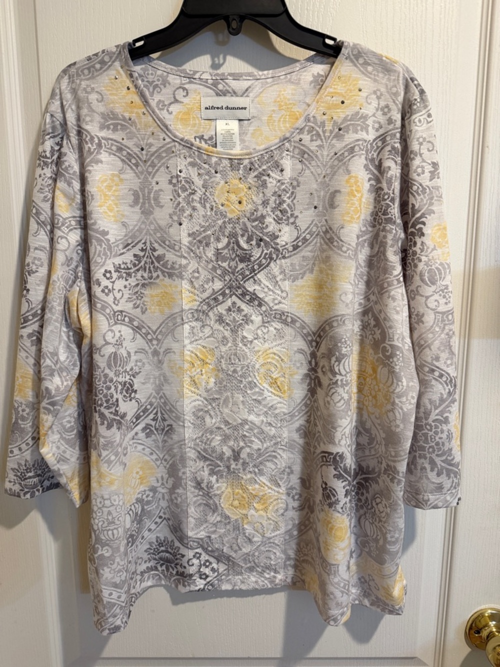 Alfred Dunner Gray and Yellow Paisley-Print Long Sleeve Top